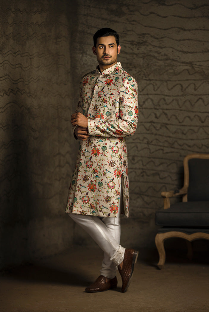 Khaki Printed Dupion Silk Sherwani with Off White Cotton Silk Churidar