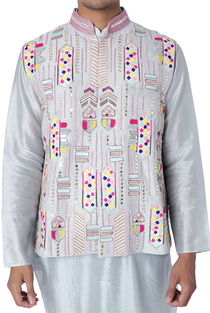 Pale Blue Colour Dupion Silk Bandi with Silkmul Kurta and Churidar
