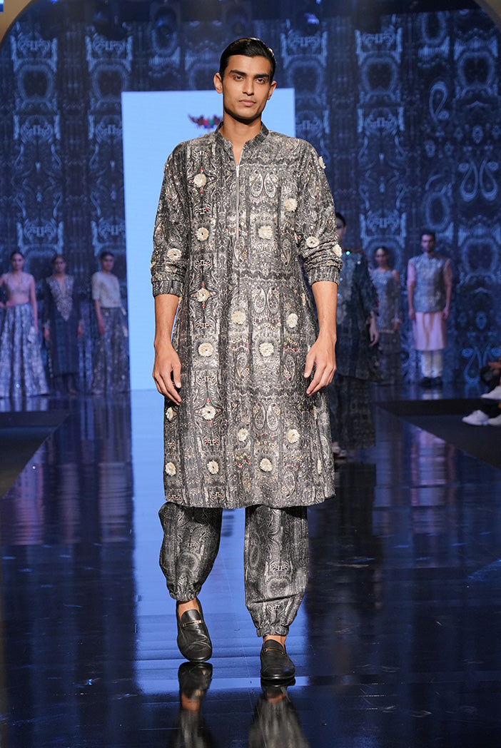 PS Men Yazir Printed Dupion Silk Embroidered Jogger Kurta With Jogger Pants