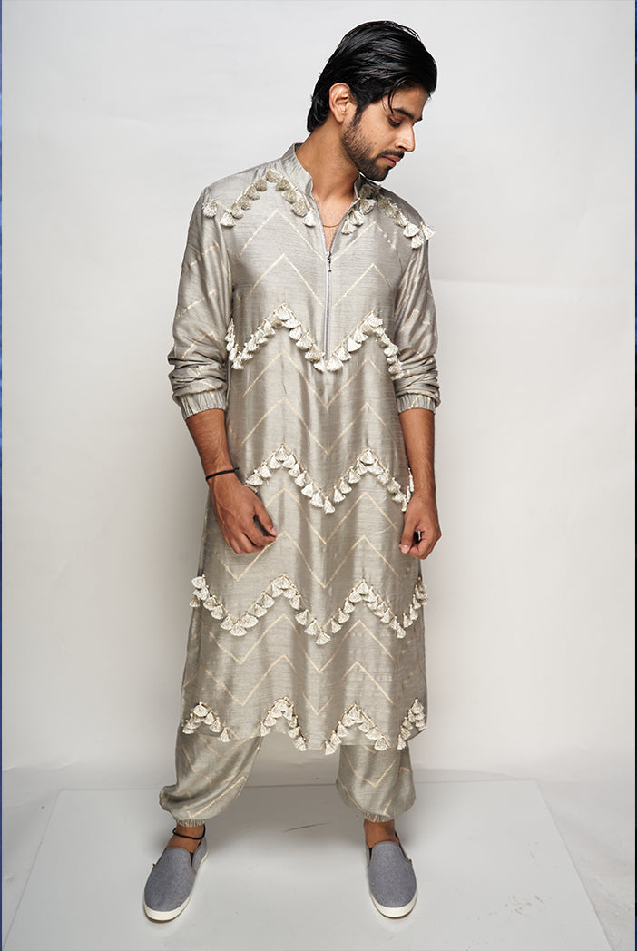 PS Men Aalim Grey Colour Banarasi Silk Bomber Kurta with Jogger Pants