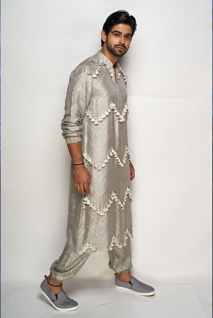 PS Men Aalim Grey Colour Banarasi Silk Bomber Kurta with Jogger Pants