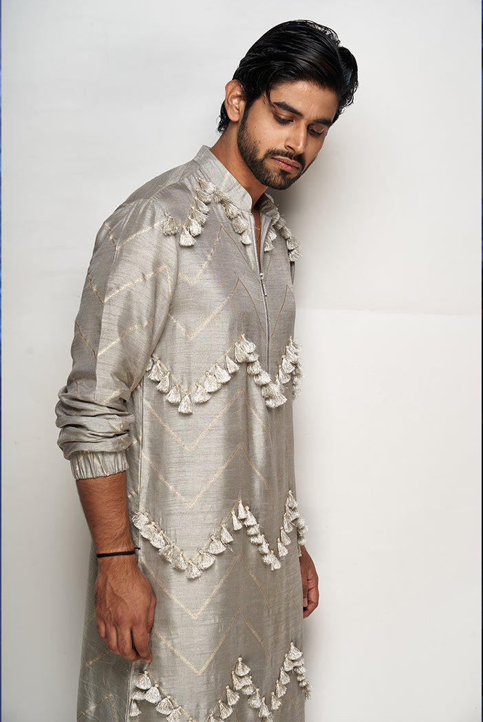 PS Men Aalim Grey Colour Banarasi Silk Bomber Kurta with Jogger Pants