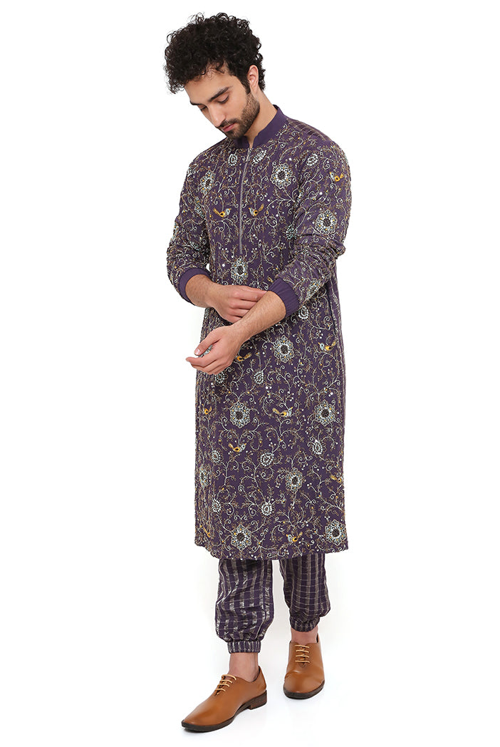 Purple Georgette And Chanderi Stripe Front Embroidered Bomber Kurta With Chanderi Stripe Jogger Pant