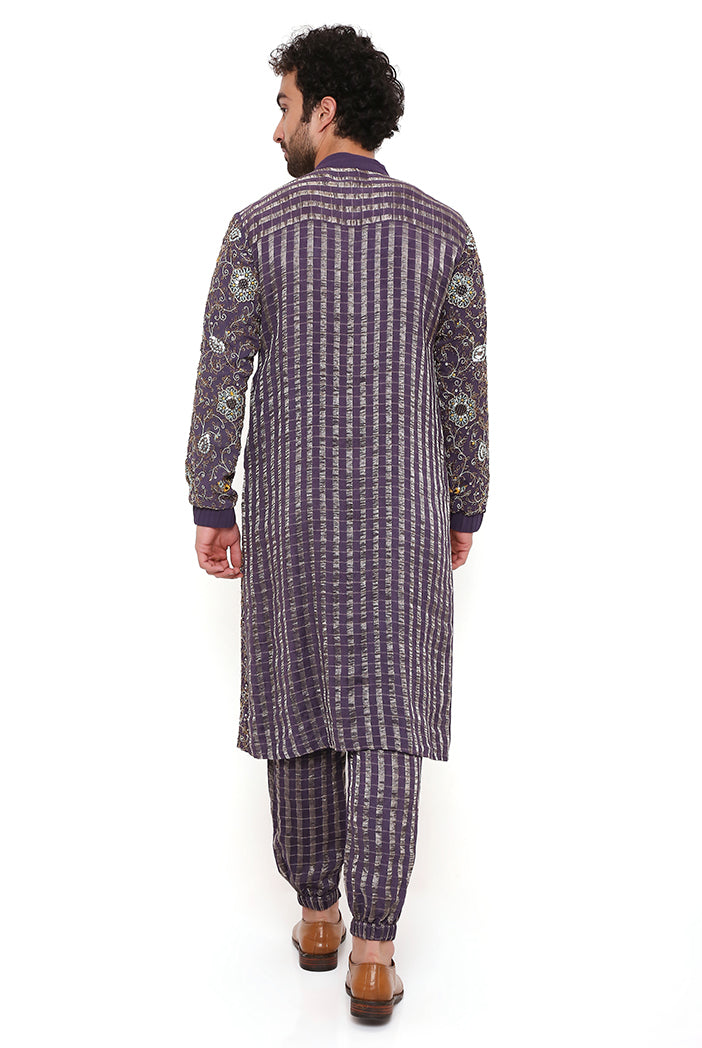 Purple Georgette And Chanderi Stripe Front Embroidered Bomber Kurta With Chanderi Stripe Jogger Pant