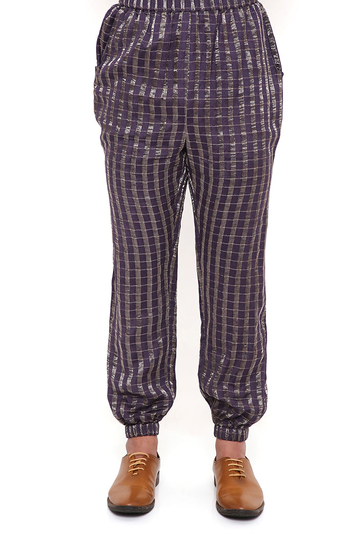Purple Georgette And Chanderi Stripe Front Embroidered Bomber Kurta With Chanderi Stripe Jogger Pant