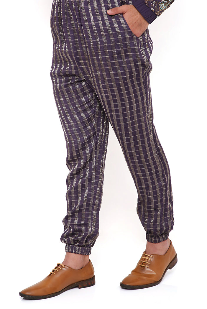 Purple Georgette And Chanderi Stripe Front Embroidered Bomber Kurta With Chanderi Stripe Jogger Pant