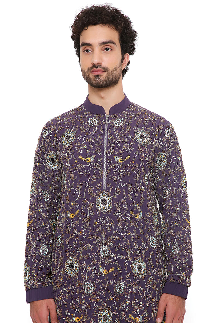 Purple Georgette And Chanderi Stripe Front Embroidered Bomber Kurta With Chanderi Stripe Jogger Pant