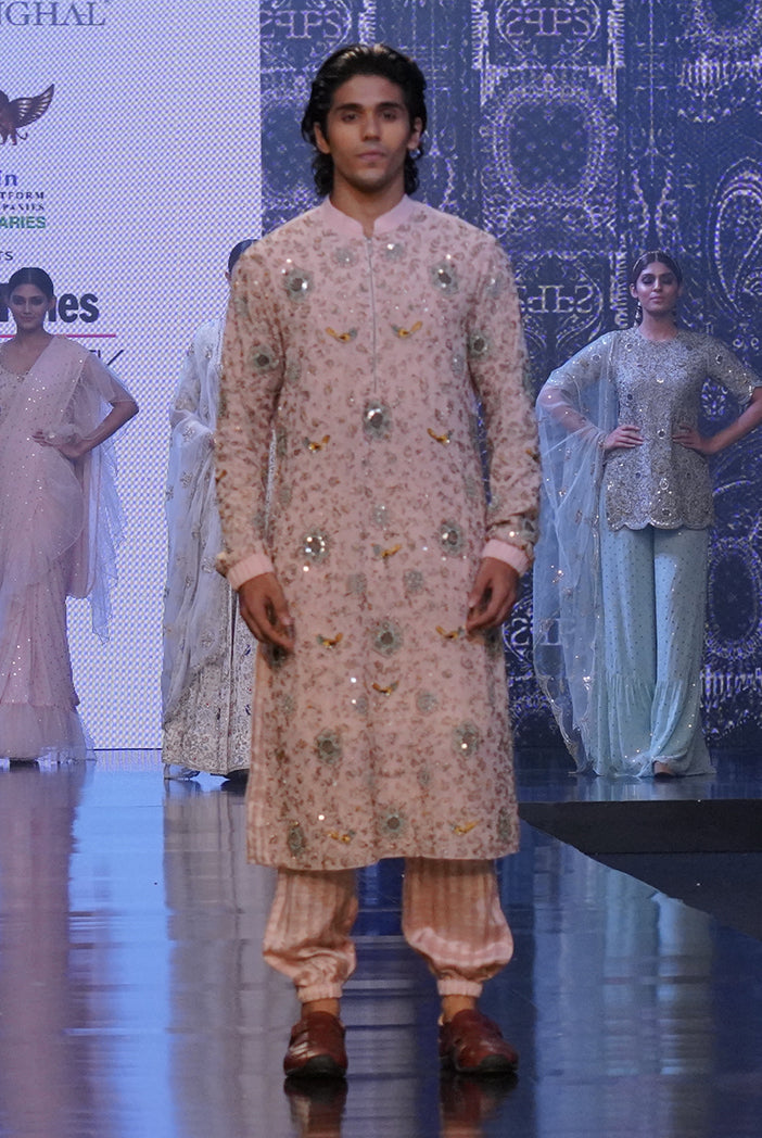 PS Men Mahid Rose Pink Colour Embroidered Kurta with Jogger Pants