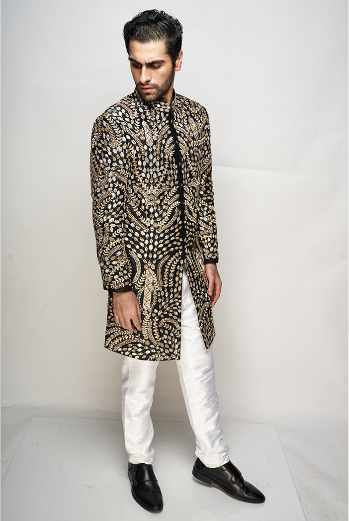 PS Men Kabir Black Colour Embroidered Sherwani with Off White Colour Pants