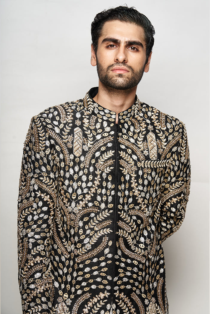 PS Men Kabir Black Colour Embroidered Sherwani with Off White Colour Pants