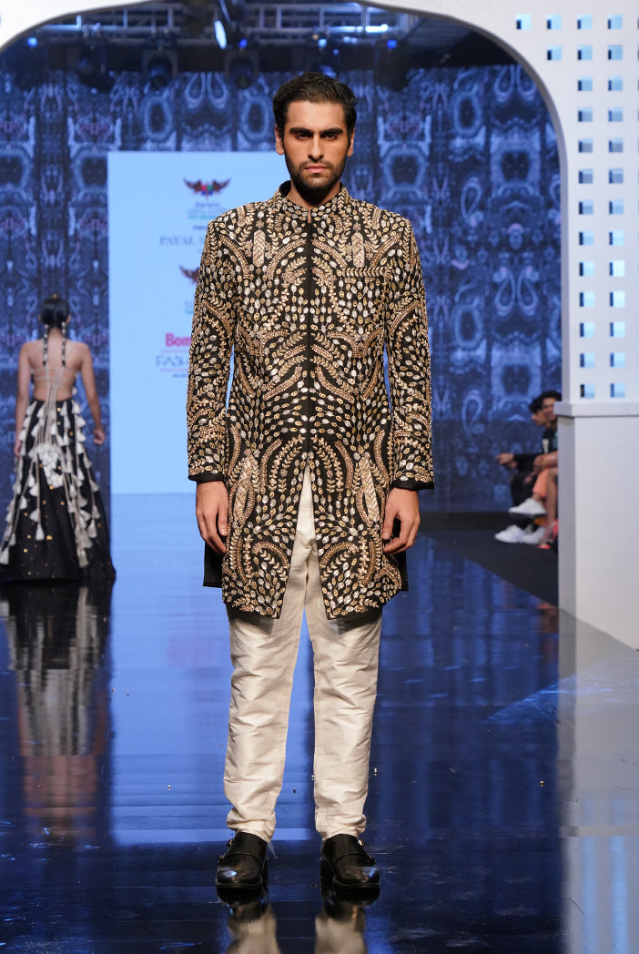PS Men Kabir Black Colour Embroidered Sherwani with Off White Colour Pants