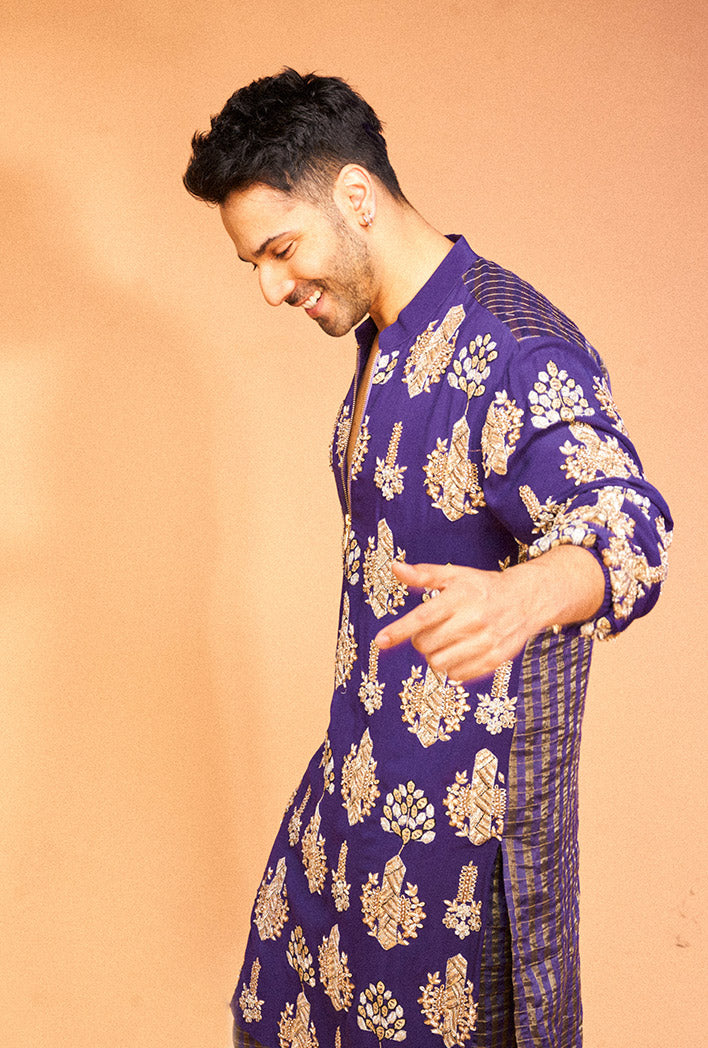 Purple Colour Embroidered Stripe Kurta With Stripe Jogger Pants