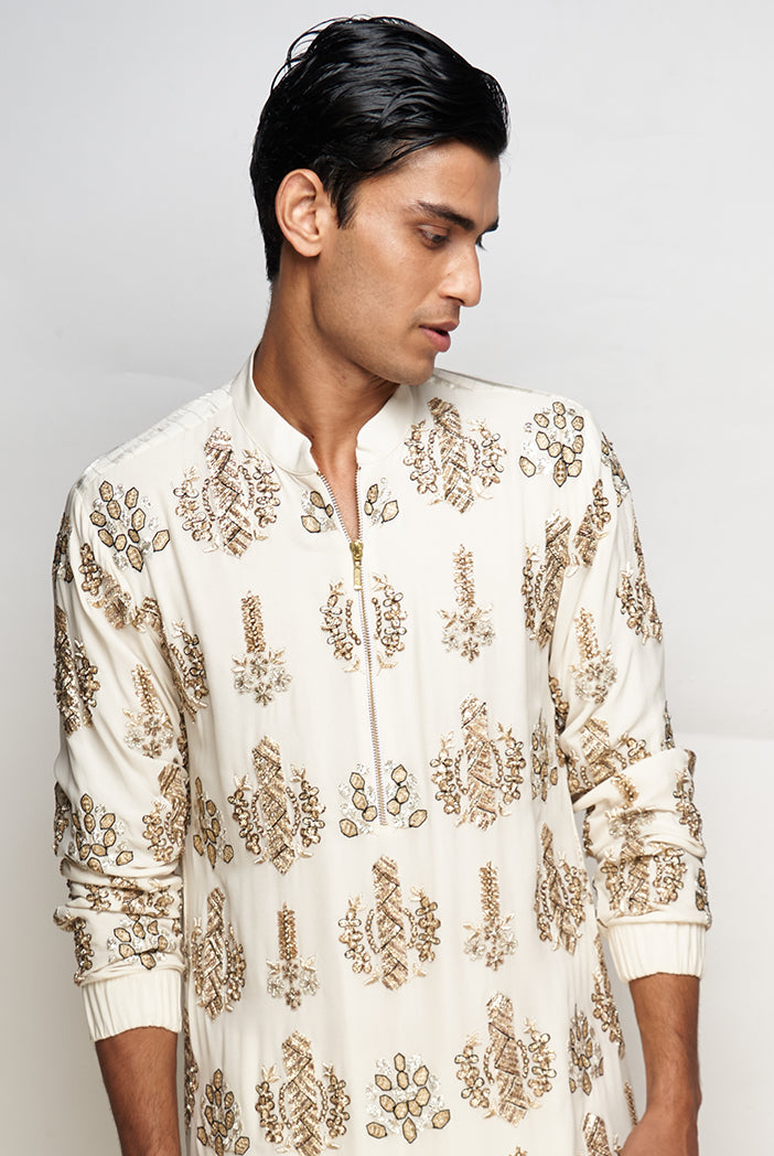PS Men Adil Off White Colour Embroidered Kurta with Jogger Pants