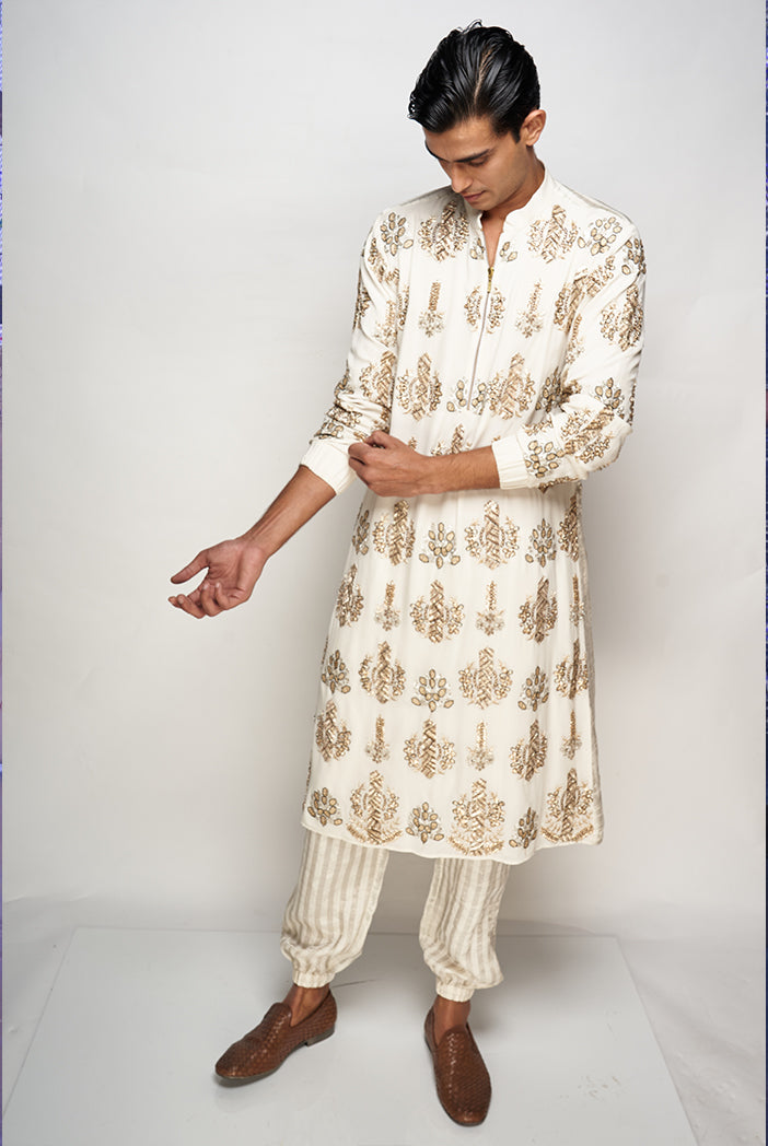 PS Men Adil Off White Colour Embroidered Kurta with Jogger Pants