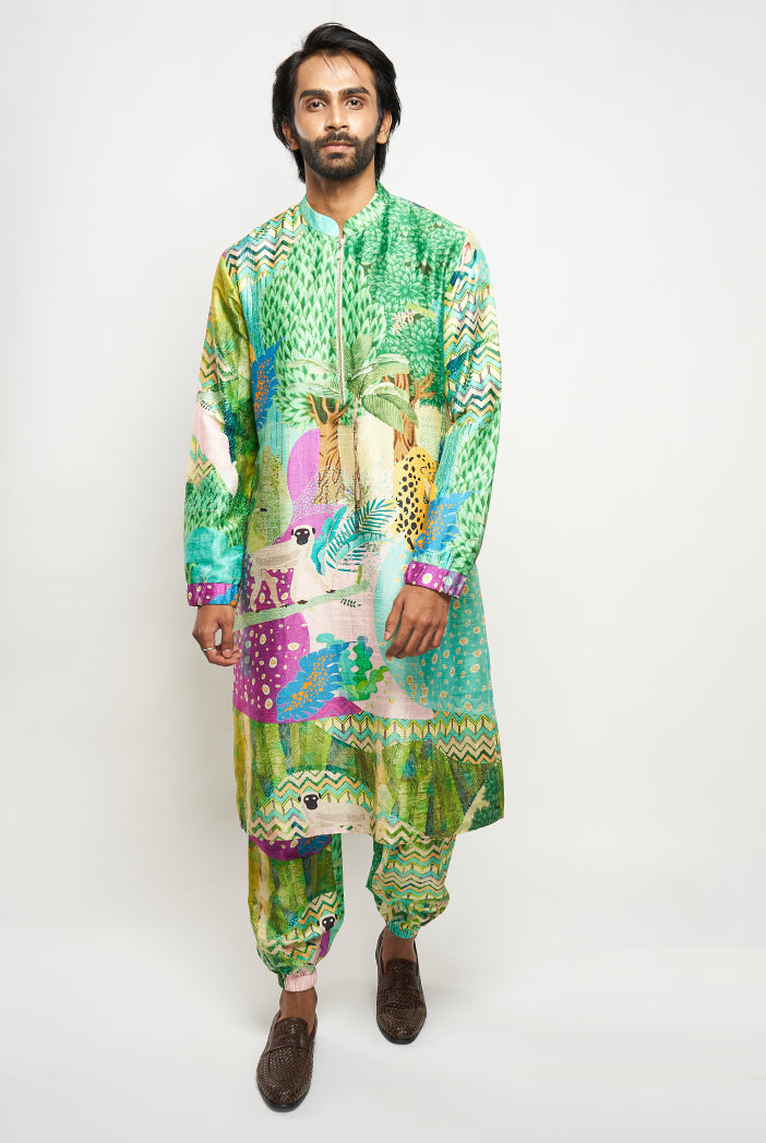 Alan Kuno Print Dupion Silk Bomber Kurta With Jogger Pants