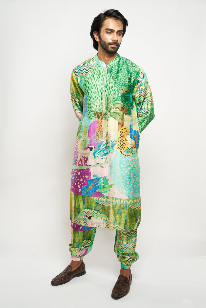 Alan Kuno Print Dupion Silk Bomber Kurta With Jogger Pants