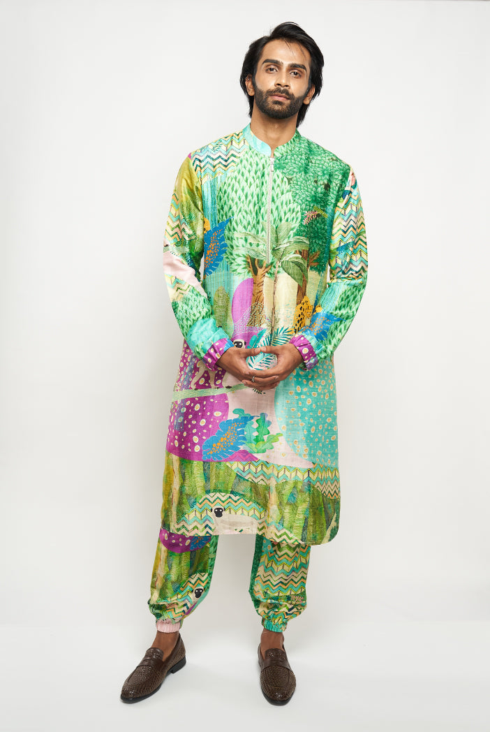 Alan Kuno Print Dupion Silk Bomber Kurta With Jogger Pants