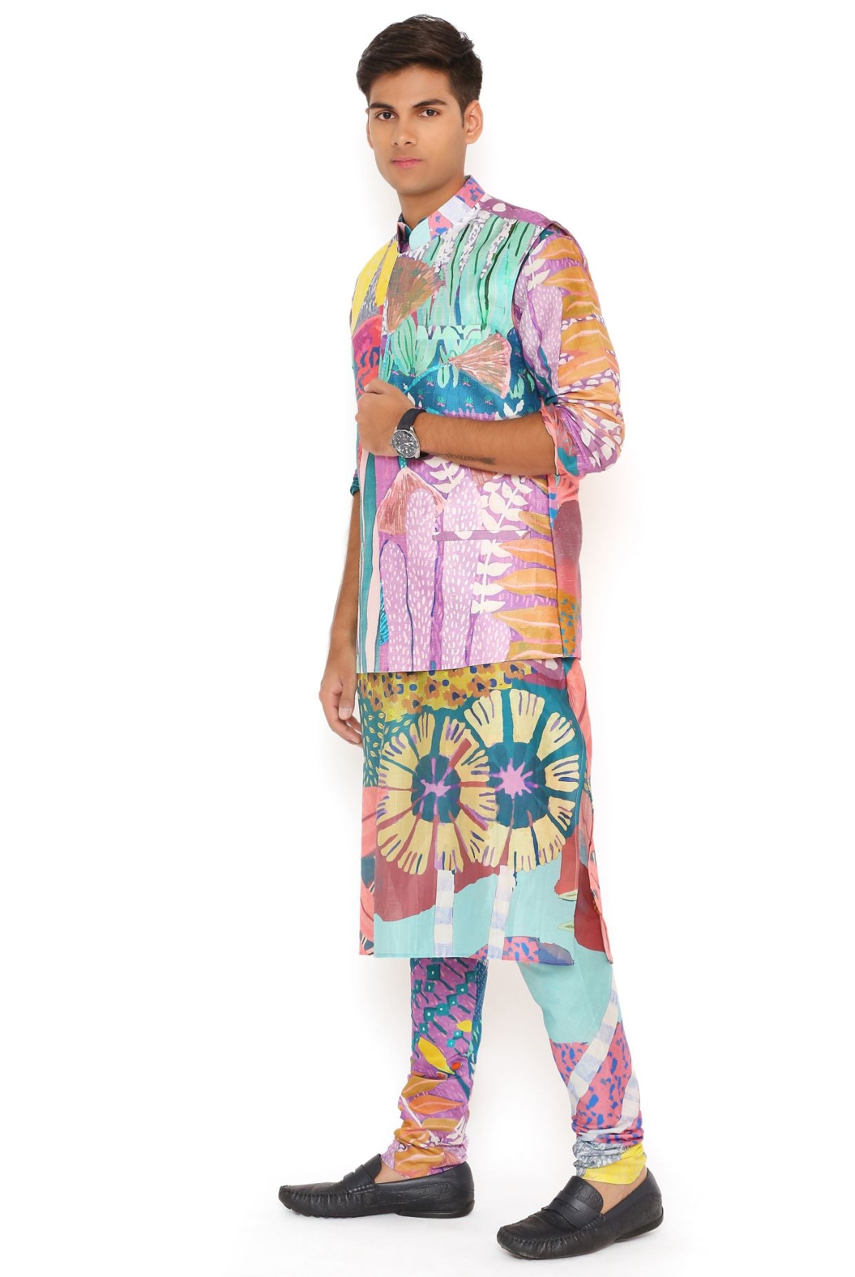 Purple Tropical Print Dupion Silk Bandi With Silkmul Kurta And Churidar