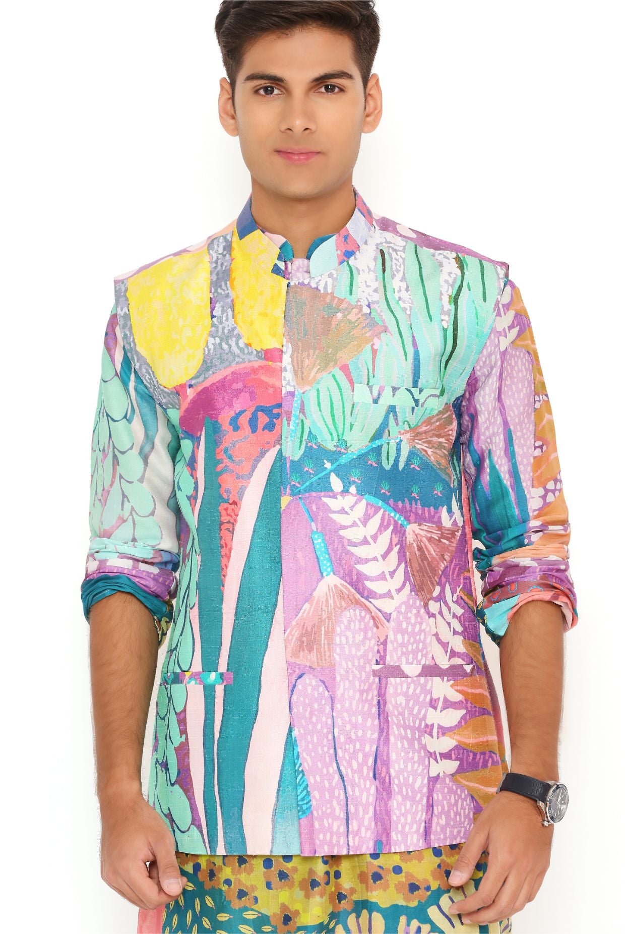 Purple Tropical Print Dupion Silk Bandi With Silkmul Kurta And Churidar