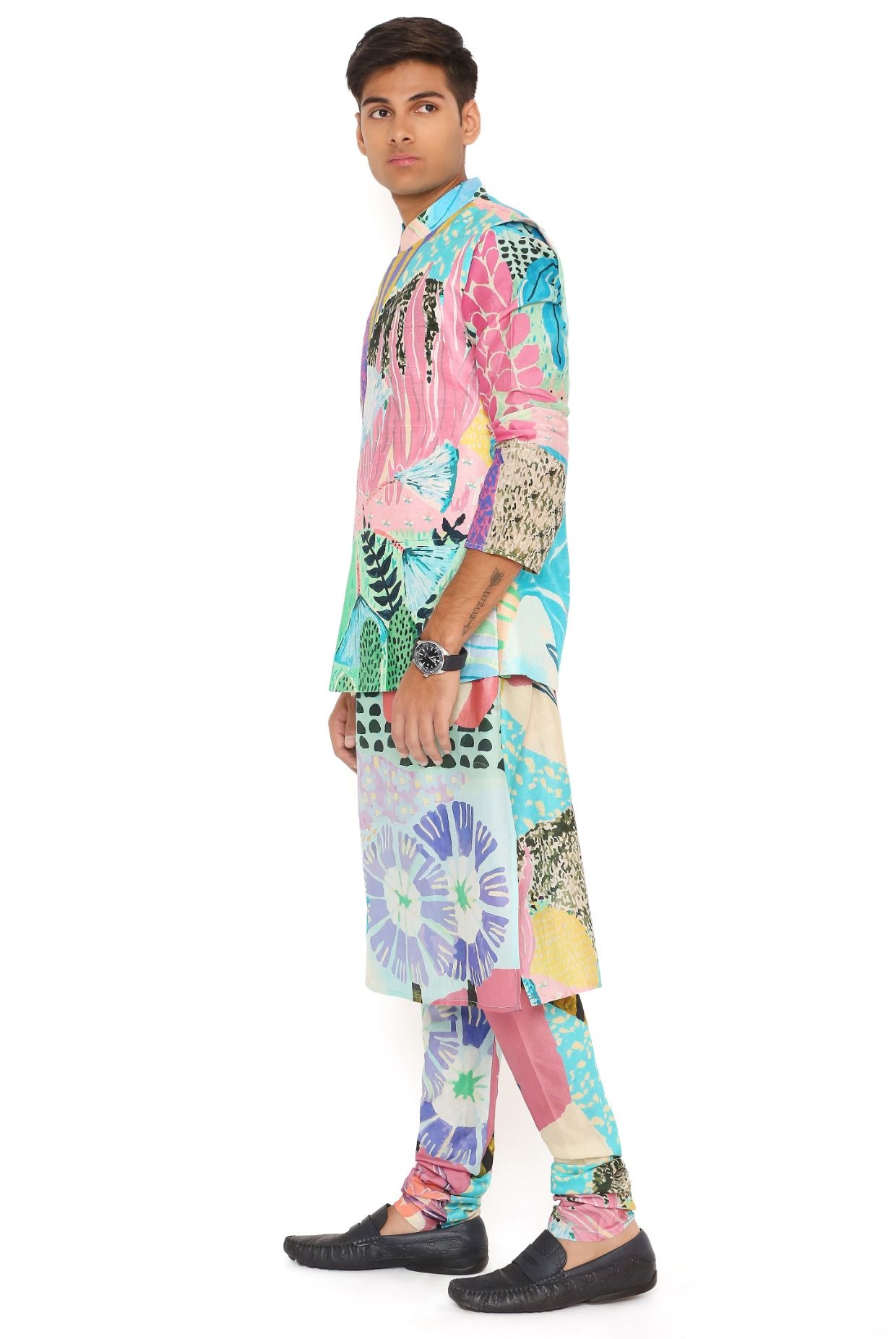 Aqua Tropical Print Dupion Silk Bandi With Silkmul Kurta And Churidar