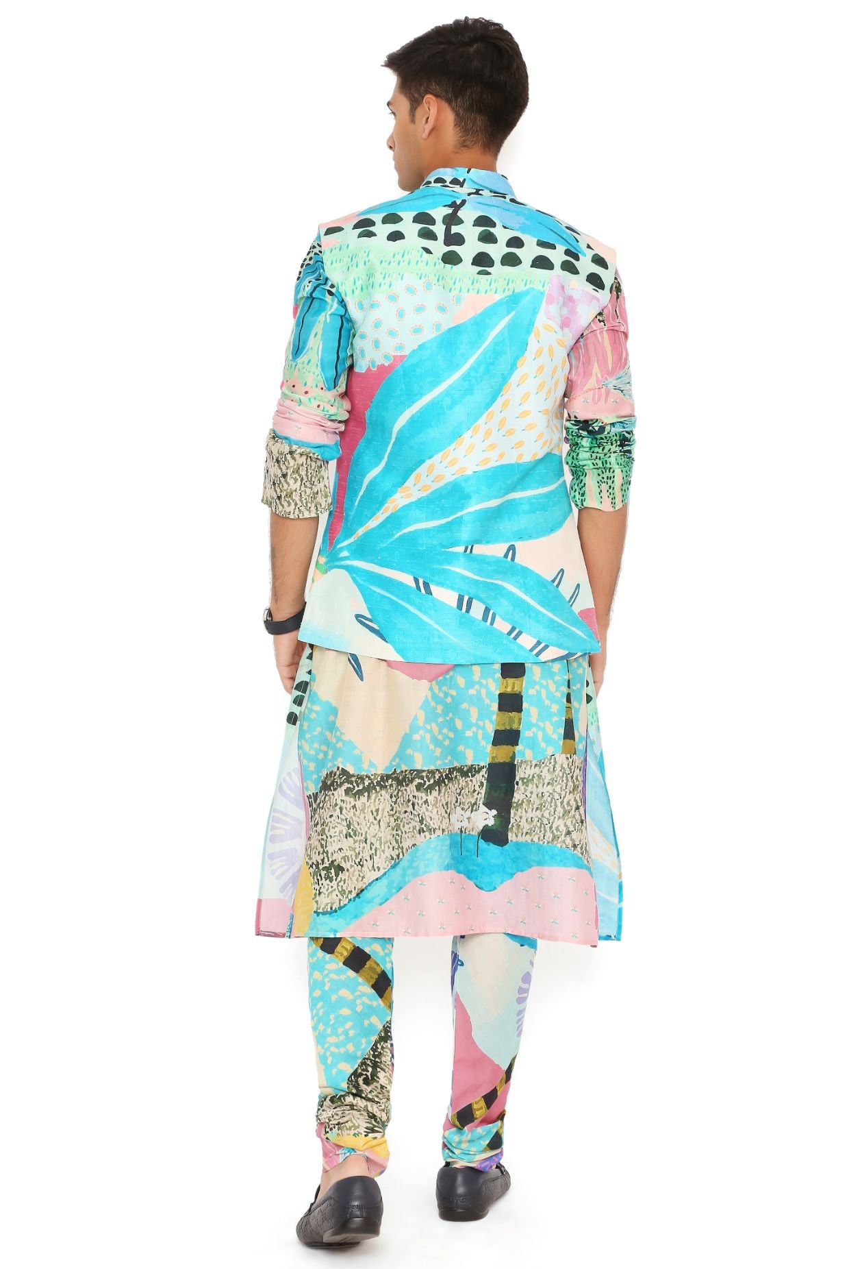 Aqua Tropical Print Dupion Silk Bandi With Silkmul Kurta And Churidar