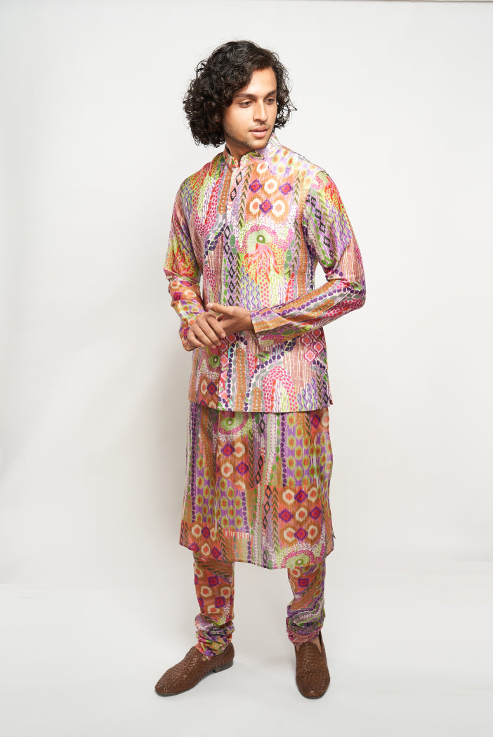 Faiz African Multi Colour Print Dupion Silk Bandi With Printed Silkmul Kurta And Churidar