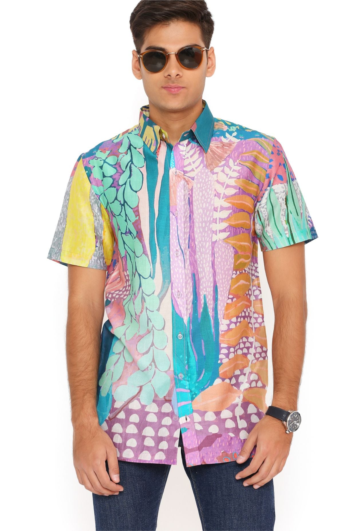 Purple Tropical Print Silkmul Shirt
