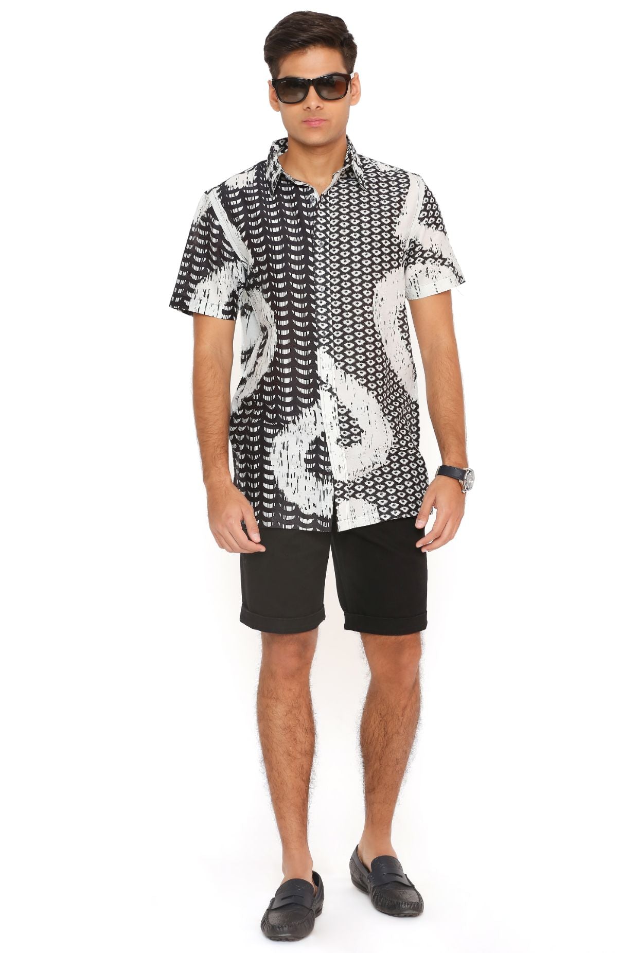 Black And White Uzbek Print Silkmul Shirt