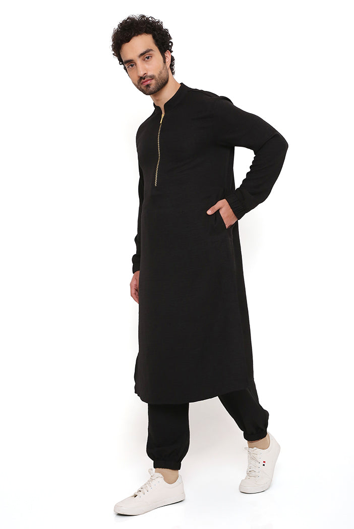 Black Soft Linen Bomber Kurta With Jogger Pant