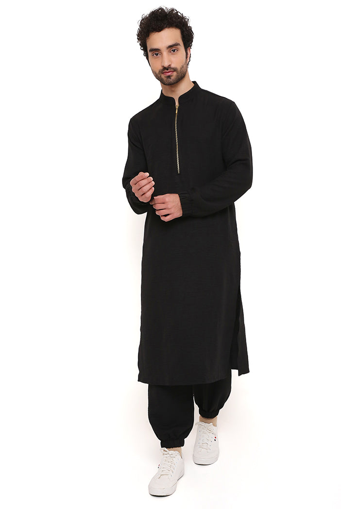 Black Soft Linen Bomber Kurta With Jogger Pant