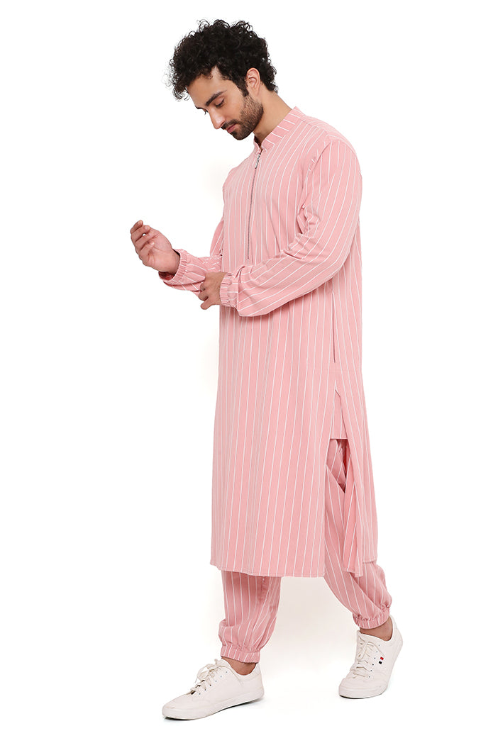 Rose Pink Stripe Lycra Bomber Kurta With Jogger Pant