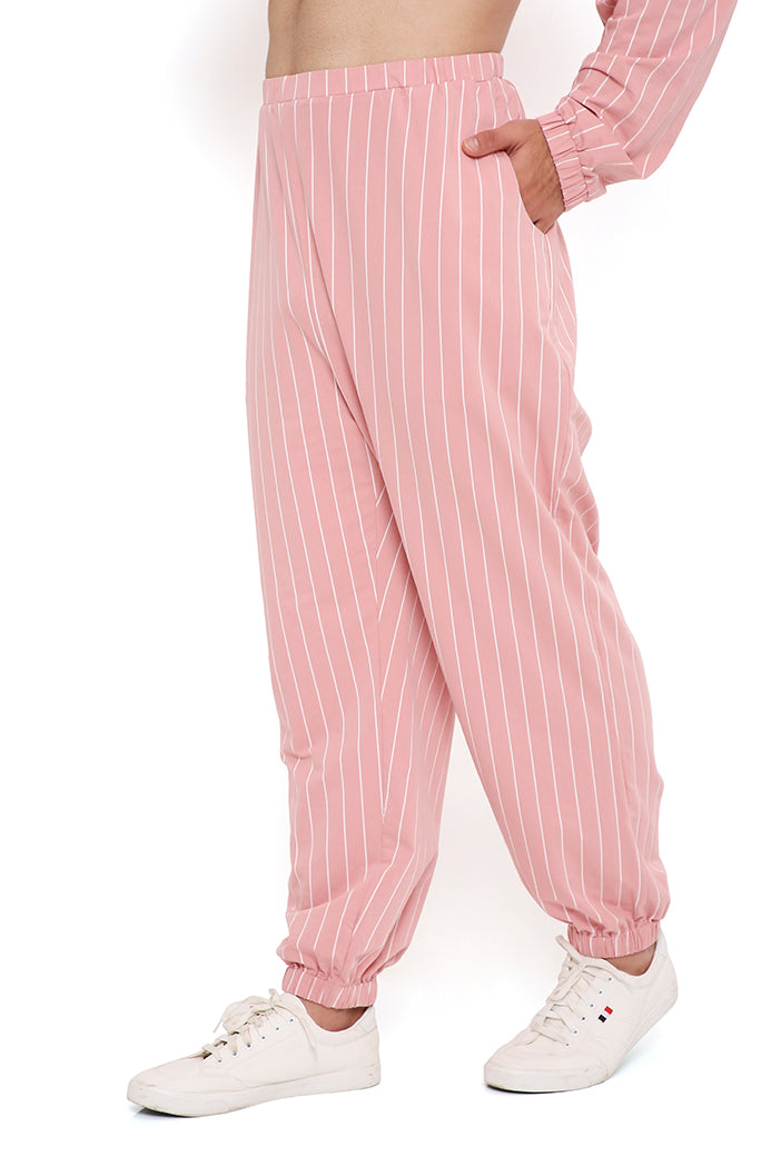 Rose Pink Stripe Lycra Bomber Kurta With Jogger Pant