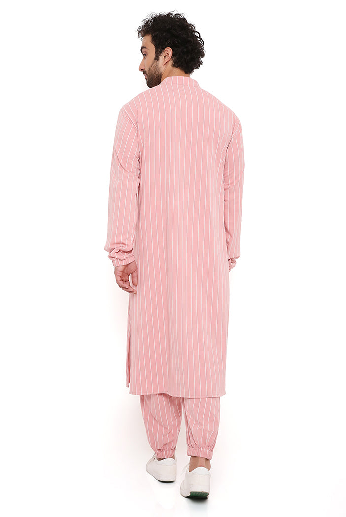 Rose Pink Stripe Lycra Bomber Kurta With Jogger Pant