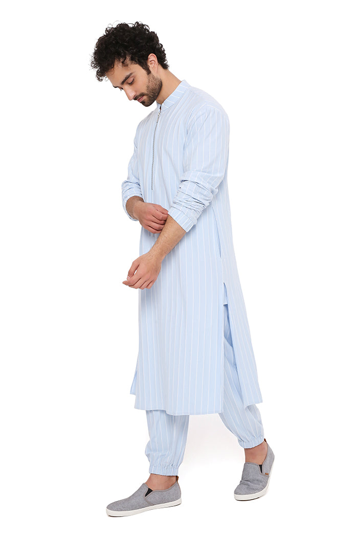 Aqua Blue Stripe Lycra Bomber Kurta With Jogger Pant