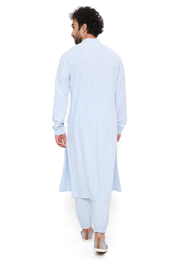 Aqua Blue Stripe Lycra Bomber Kurta With Jogger Pant