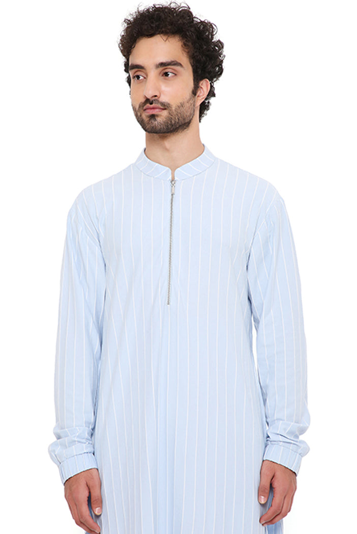 Aqua Blue Stripe Lycra Bomber Kurta With Jogger Pant