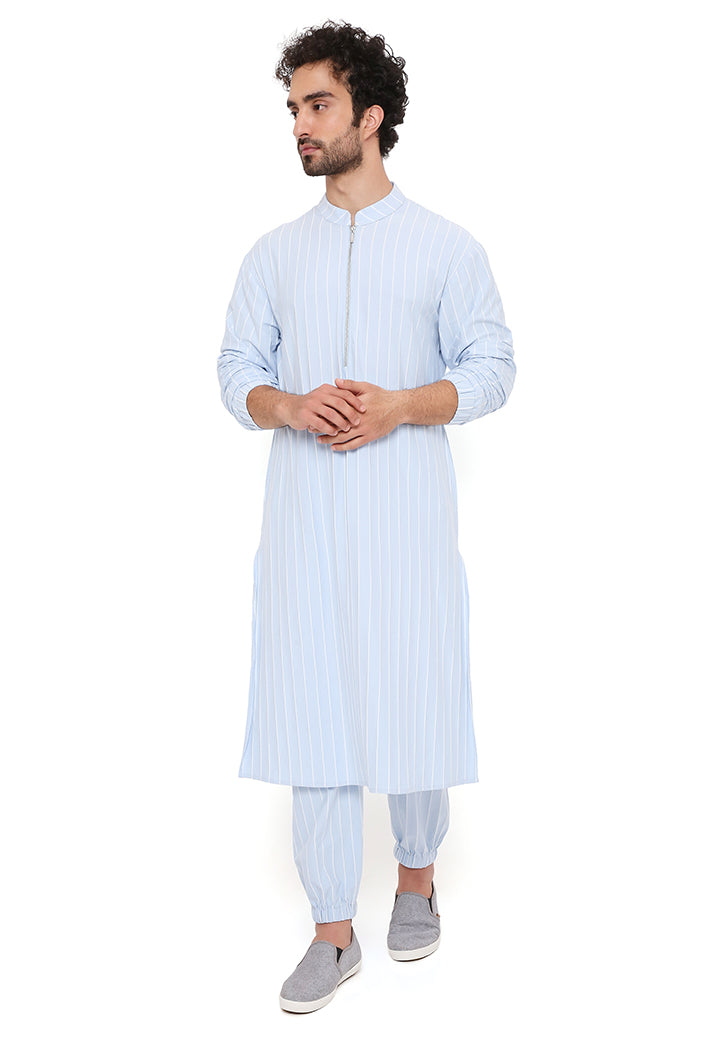 Aqua Blue Stripe Lycra Bomber Kurta With Jogger Pant