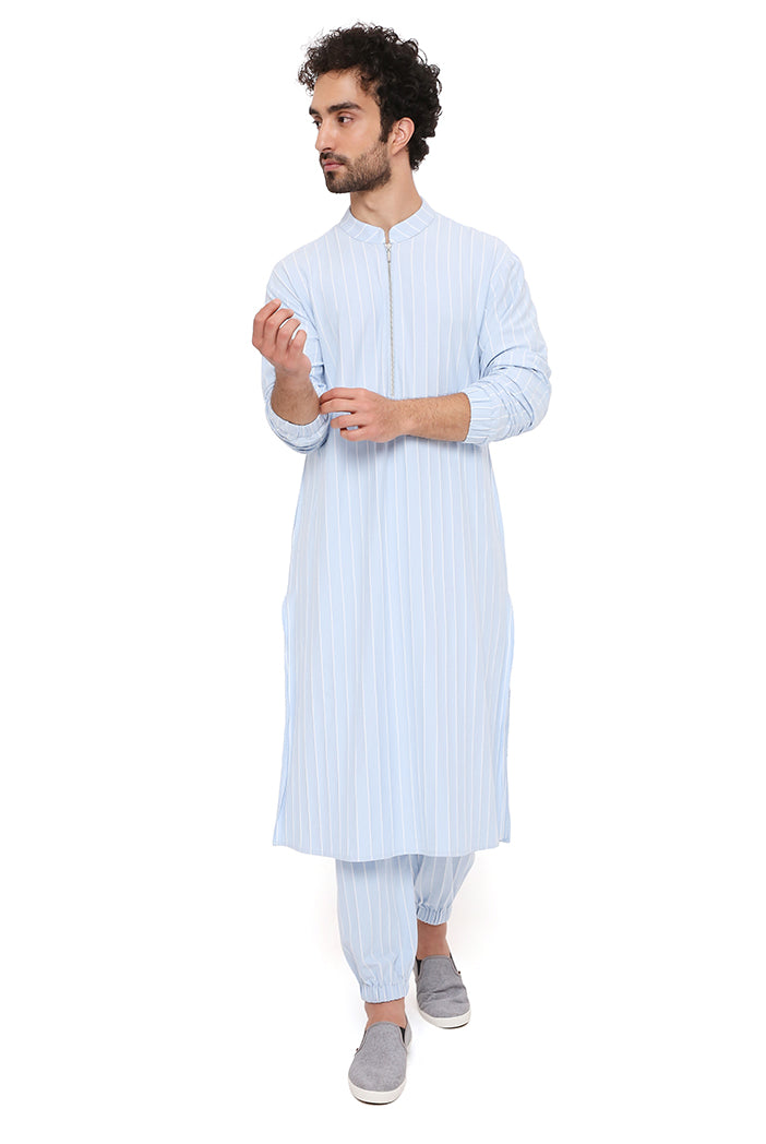 Aqua Blue Stripe Lycra Bomber Kurta With Jogger Pant