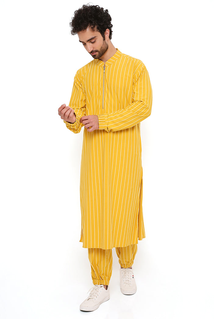Mustard Stripe Lycra Bomber Kurta With Jogger Pant