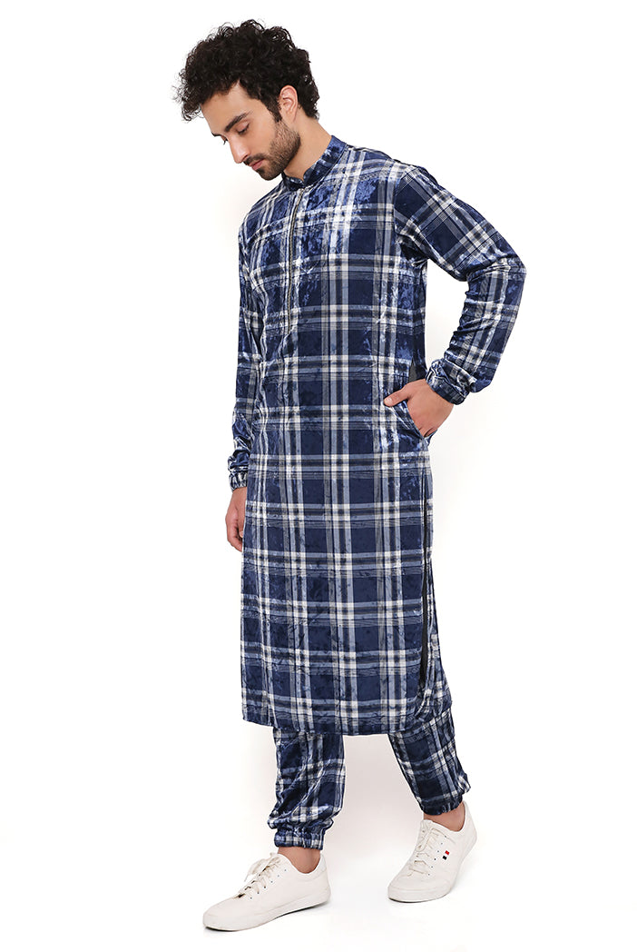 Navy With White Checks Velvet Bomber Kurta And Jogger Pant