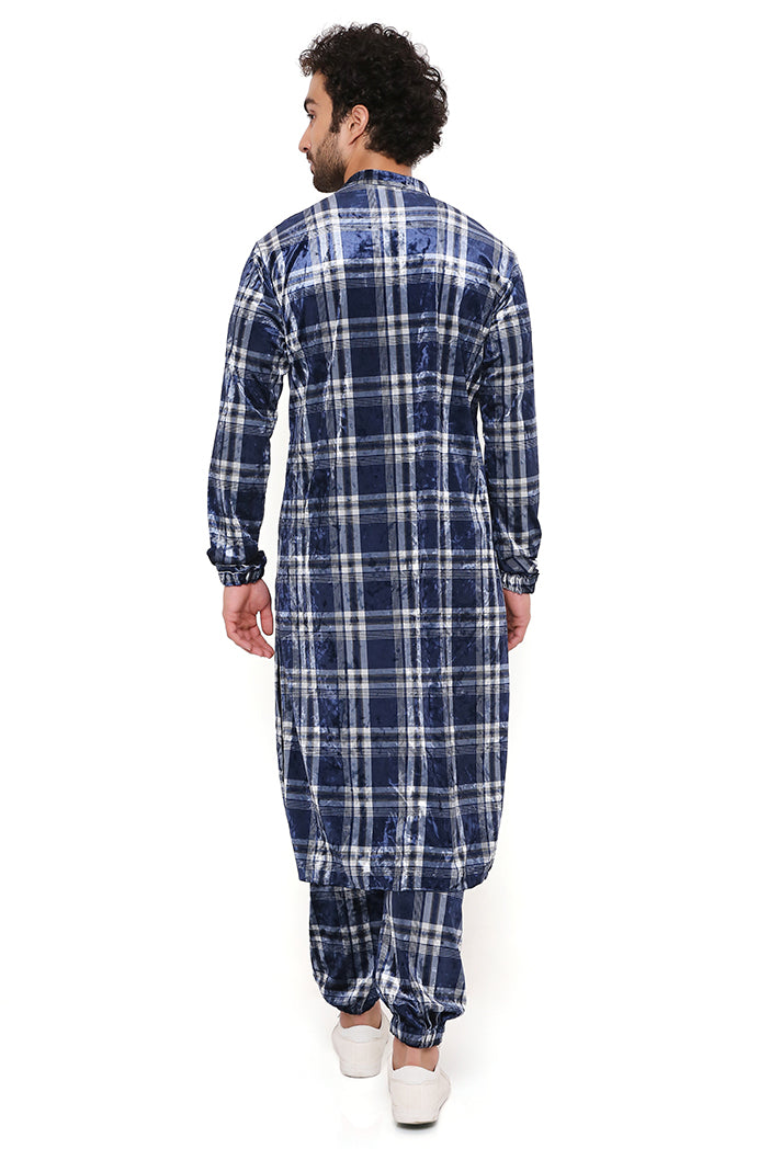 Navy With White Checks Velvet Bomber Kurta And Jogger Pant