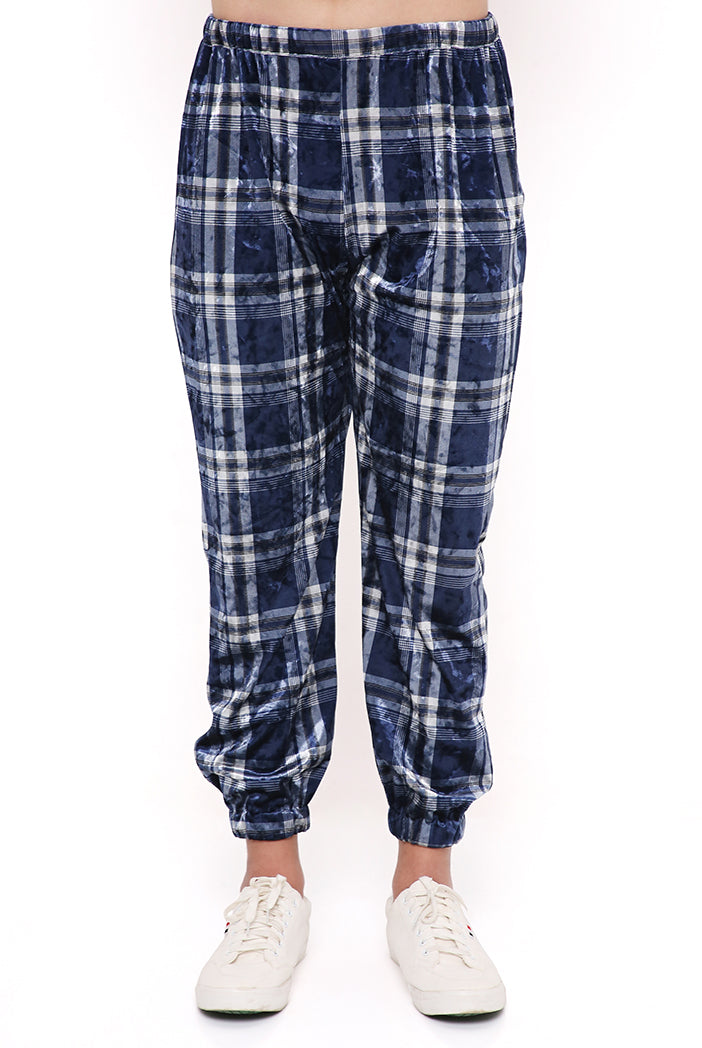 Navy With White Checks Velvet Bomber Kurta And Jogger Pant