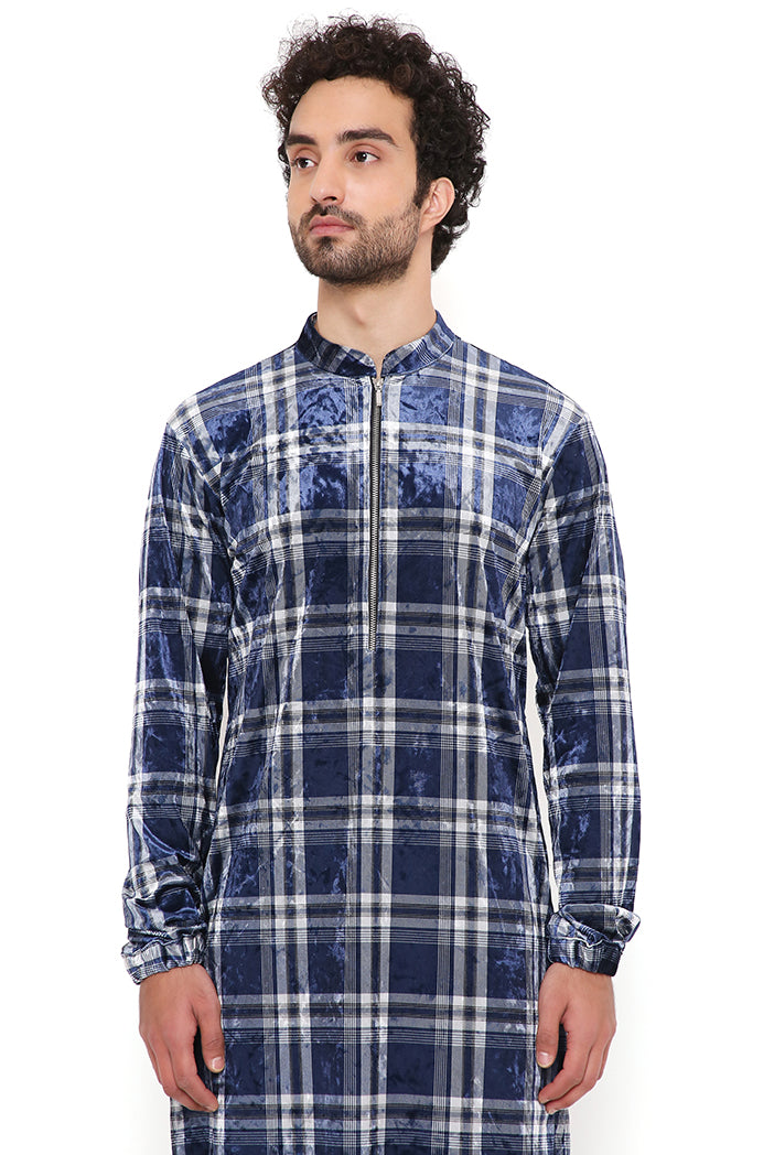 Navy With White Checks Velvet Bomber Kurta And Jogger Pant