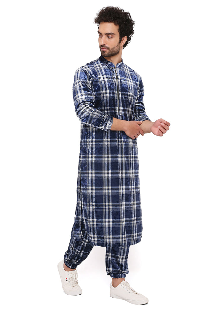 Navy With White Checks Velvet Bomber Kurta And Jogger Pant