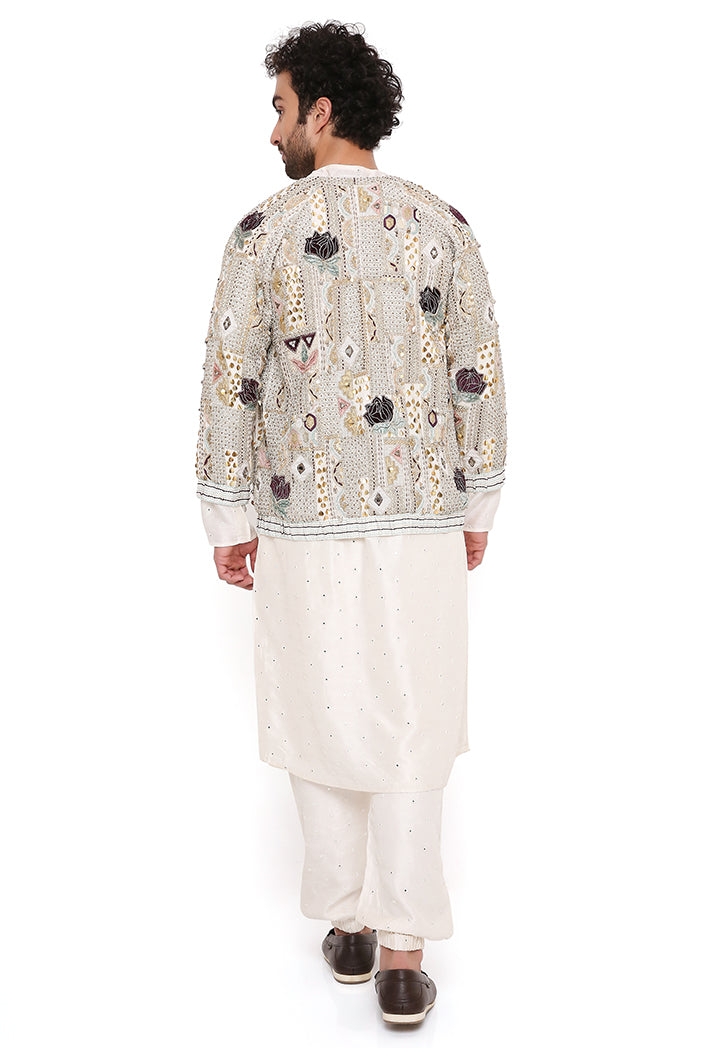 Raj Off White Georgette Embroidered Bomber Jacket With Abla Silk Bomber Kurta And Jogger Pant