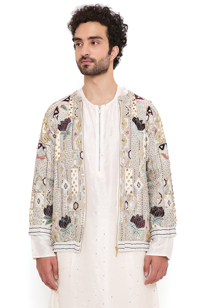 Raj Off White Georgette Embroidered Bomber Jacket With Abla Silk Bomber Kurta And Jogger Pant
