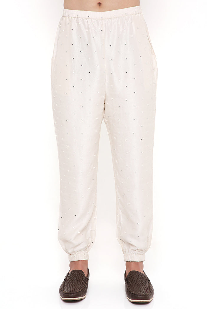 Raj Off White Georgette Embroidered Bomber Jacket With Abla Silk Bomber Kurta And Jogger Pant