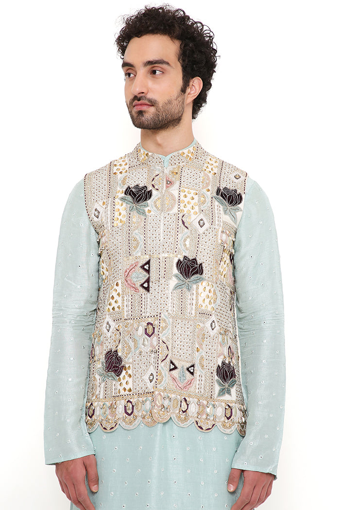 Kiaan Off White Georgette Embroidered Bandi With Aqua Abla Silk Kurta And Off White Cotton Silk Churidar