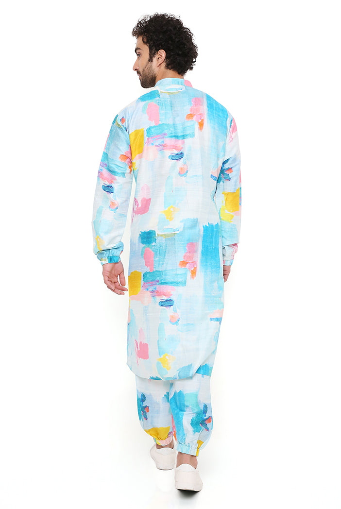 Painterly Print Dupion Silk Bomber Kurta With Jogger Pant