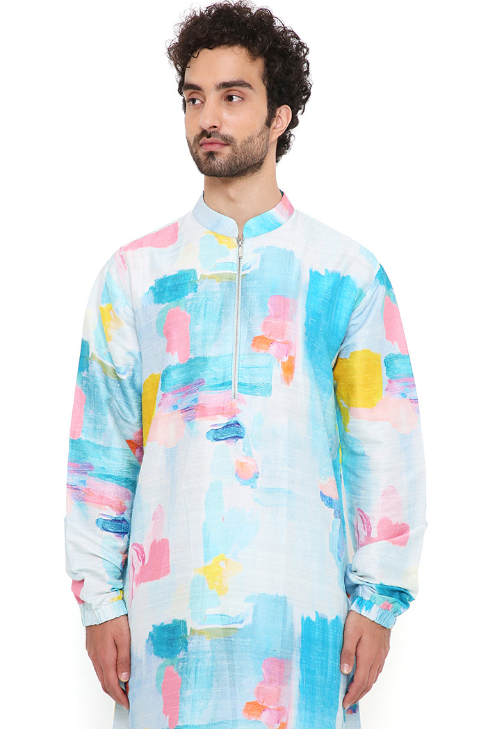 Painterly Print Dupion Silk Bomber Kurta With Jogger Pant